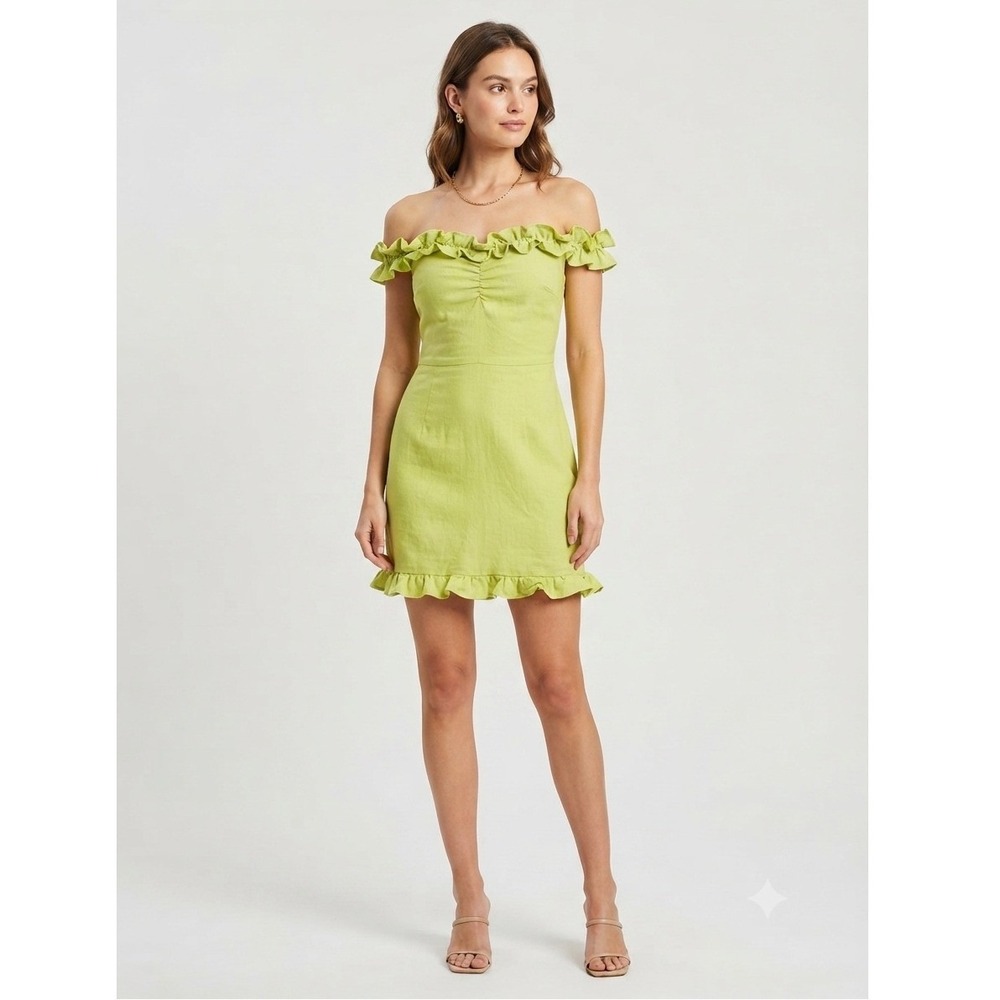 Mable Lime Green Off Shoulder Ruffle Mini Dress Cotton Womens Sz Large Fairycore